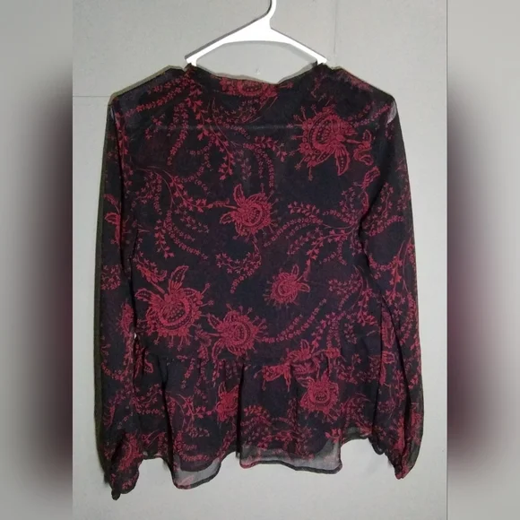 Express Black and Red Long Sleeve Blouse with Mandarin Collar - Picture 2 of 10